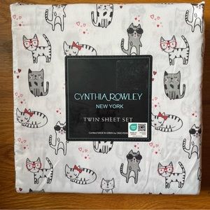 Cynthia Rowley Twin Sheet Set Valentines Day Cats Red Hearts Print Microfiber